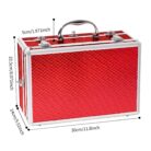 Red 106-piece makeup carry case on a white background with its dimensions
