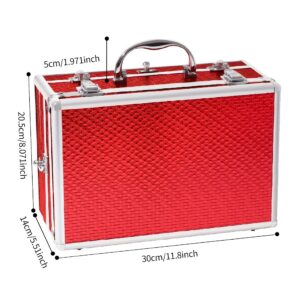 Red 106-piece makeup carry case on a white background with its dimensions