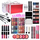 Contents of the 106-piece makeup set: eyeshadow palettes, lipsticks, mascara, pencils and brushes, with red and silver cases