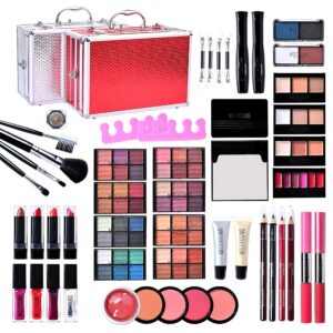 Contents of the 106-piece makeup set: eyeshadow palettes, lipsticks, mascara, pencils and brushes, with red and silver cases