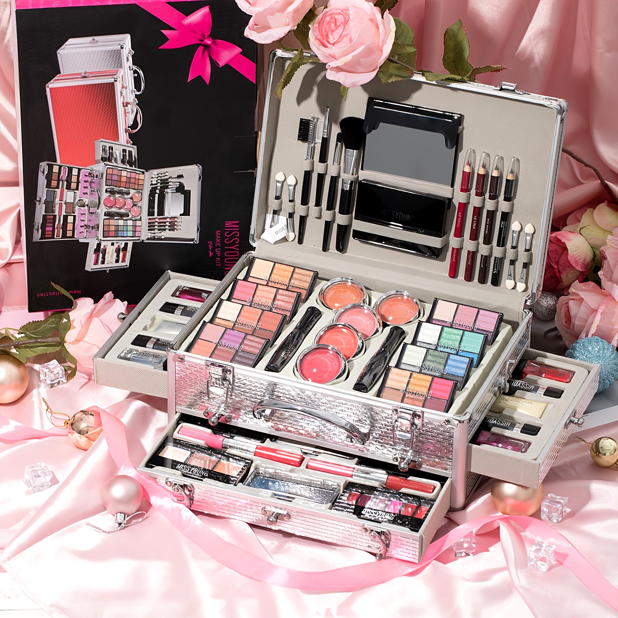 Open makeup case with eyeshadows