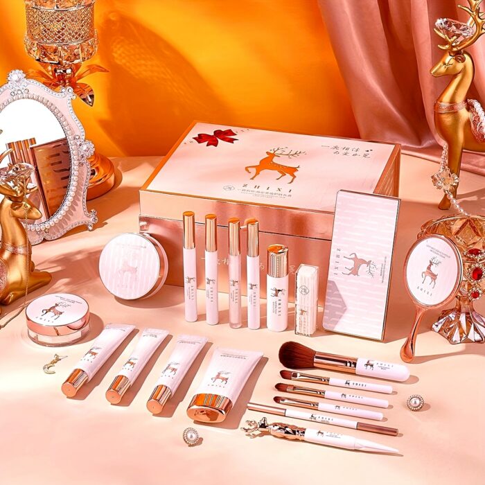 20-piece makeup and skincare set laid out in front of its pink gift box