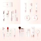 Individual items of the beauty set: pencils, mascara, lip gloss, compacts, lipstick, brushes and mirror
