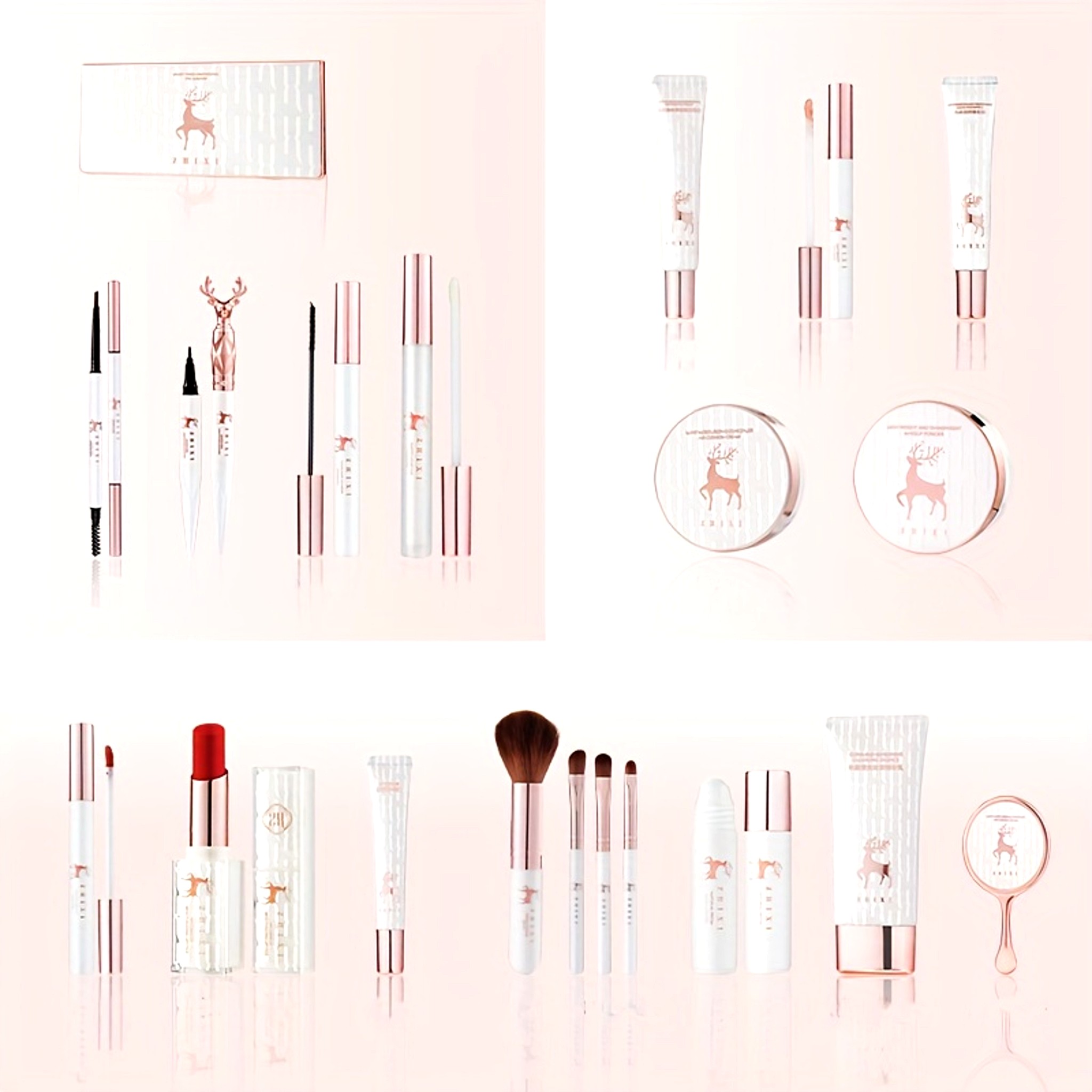 Makeup items: pencils, mascara, lipstick and brushes
