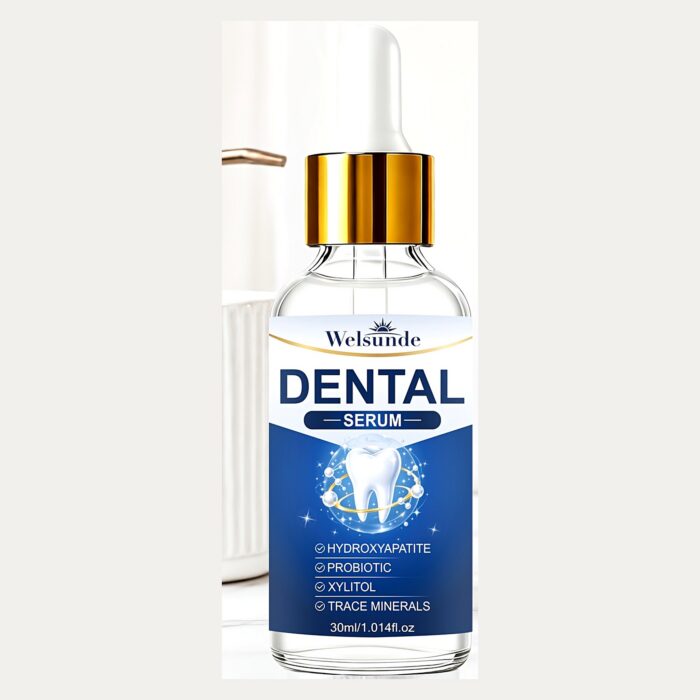 Coconut Mint Dental Serum with Hydroxyapatite, 30 ml 3 Dental serum bottle with hydroxyapatite, probiotic and xylitol on a light background