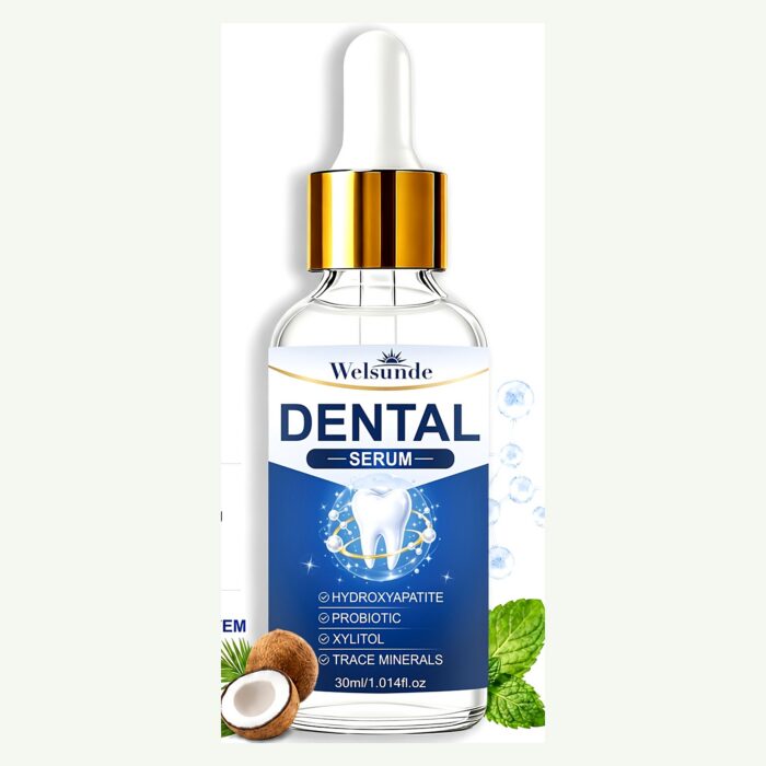 Coconut Mint Dental Serum with Hydroxyapatite, 30 ml 4 Dental serum bottle next to a coconut and mint leaves