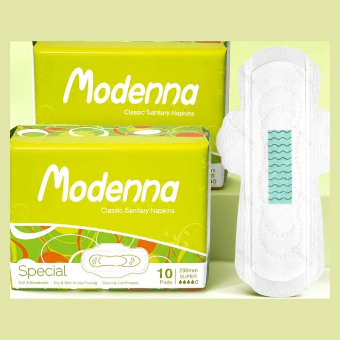Two packs of 10 maxi sanitary pads next to an unfolded pad