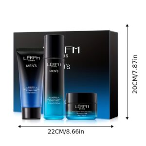 Men's cleanser, toner and cream in front of the black and blue gift box, white background with dimensions