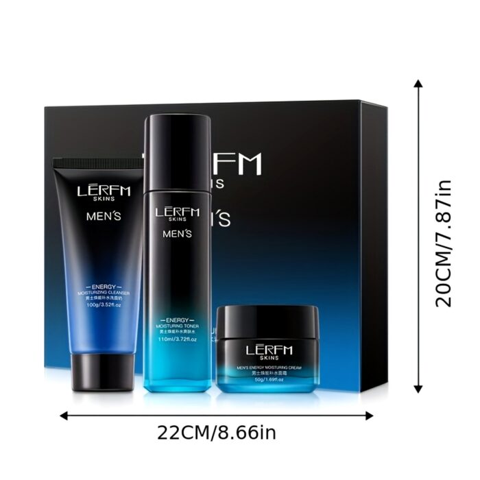 Men's 3-Piece Face Care Set: Cleanser, Toner, Cream 1 Men's cleanser, toner and cream in front of the black and blue gift box, white background with dimensions