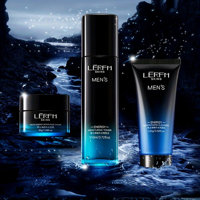Men's 3-Piece Face Care Set: Cleanser, Toner, Cream 3 Men's moisturizing toner, cleanser and cream on a dark blue background