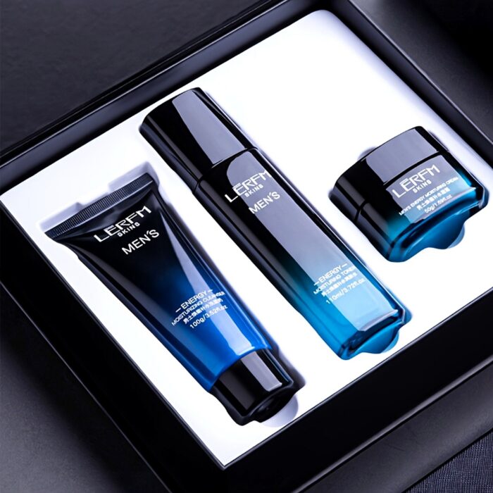 Men's 3-Piece Face Care Set: Cleanser, Toner, Cream 4 Close-up of the men's cleanser, toner and cream inside the gift box