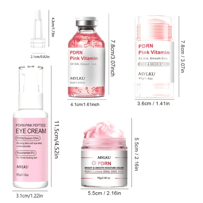 PDRN Pink Vitamin eye cream, serum, face and neck stick and cream jar on a white background with sizes