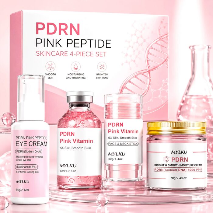 PDRN Pink Vitamin 4-piece face care set in front of its pink box