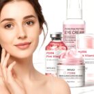 Woman touching her face next to the pink PDRN eye cream, serum, stick and cream