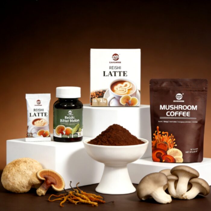 Reishi mushroom instant coffee pouch with a bowl of coffee powder and mushrooms on a brown background