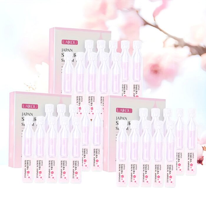 Three boxes of sakura hydrating serum ampoules on a light pink background