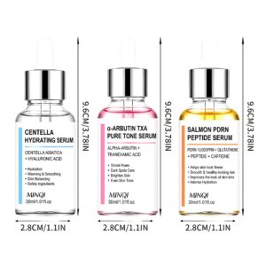 Salmon PDRN, Alpha-Arbutin and Centella face serum bottles on a white background with bottle dimensions