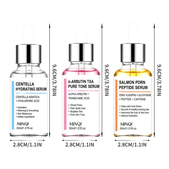 Salmon PDRN, Alpha-Arbutin and Centella face serum bottles on a white background with bottle dimensions