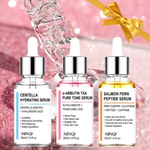 Three 30 ml face serum dropper bottles on a pink background