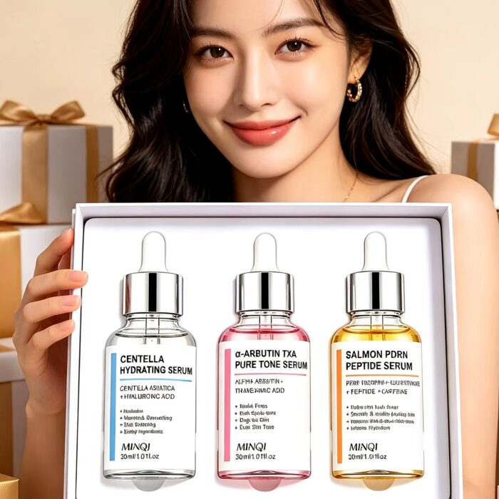 Woman holding the 3-piece face serum set in its white gift box
