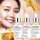 Smiling woman next to the Centella, Alpha-Arbutin and Salmon PDRN serums