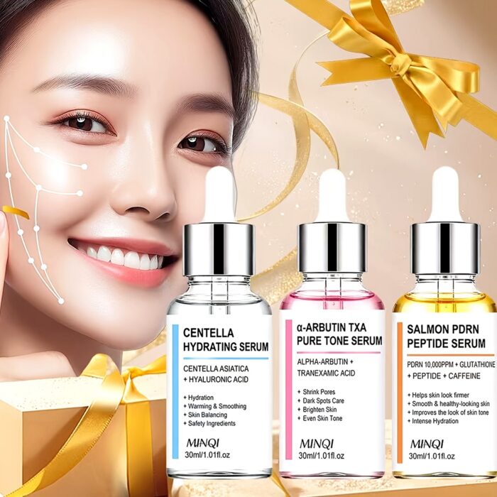 Smiling woman next to the Centella, Alpha-Arbutin and Salmon PDRN serums