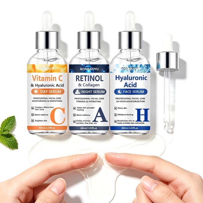 Vitamin C, Retinol & Hyaluronic Acid Serum Trio 1 Vitamin C, Retinol and Hyaluronic Acid serum bottles on a light background