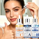 Woman giving a thumbs up next to the Vitamin C, Retinol and Hyaluronic Acid serums