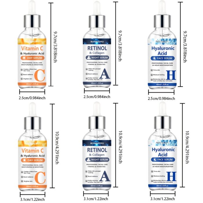 Vitamin C, Retinol & Hyaluronic Acid Serum Trio 4 Bottle dimensions of the 40 ml and 60 ml serum sizes