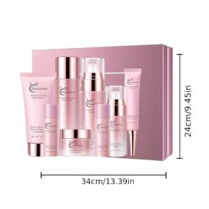 Pink 8-piece face care set in front of its gift box on a white background with box dimensions