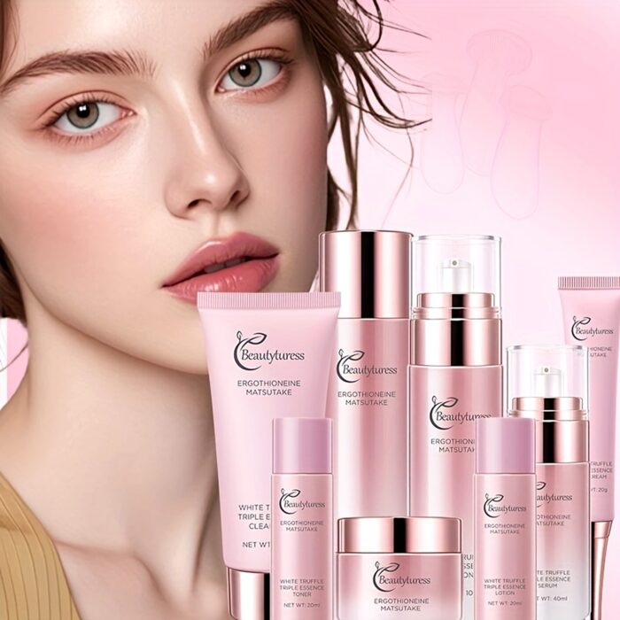 Woman with glowing skin next to the pink face care products
